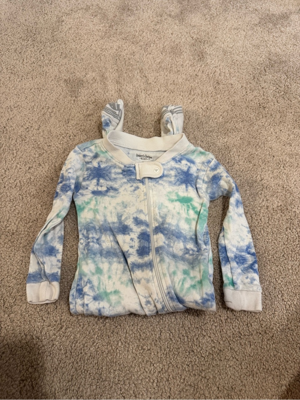 Burt's Bees Baby Tie-Dye Blue Green White Zip Footie Size 12 Months